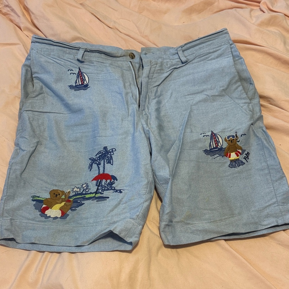 Polo by Ralph Lauren chambray Polo Bear embroidered shorts. 33 waist.